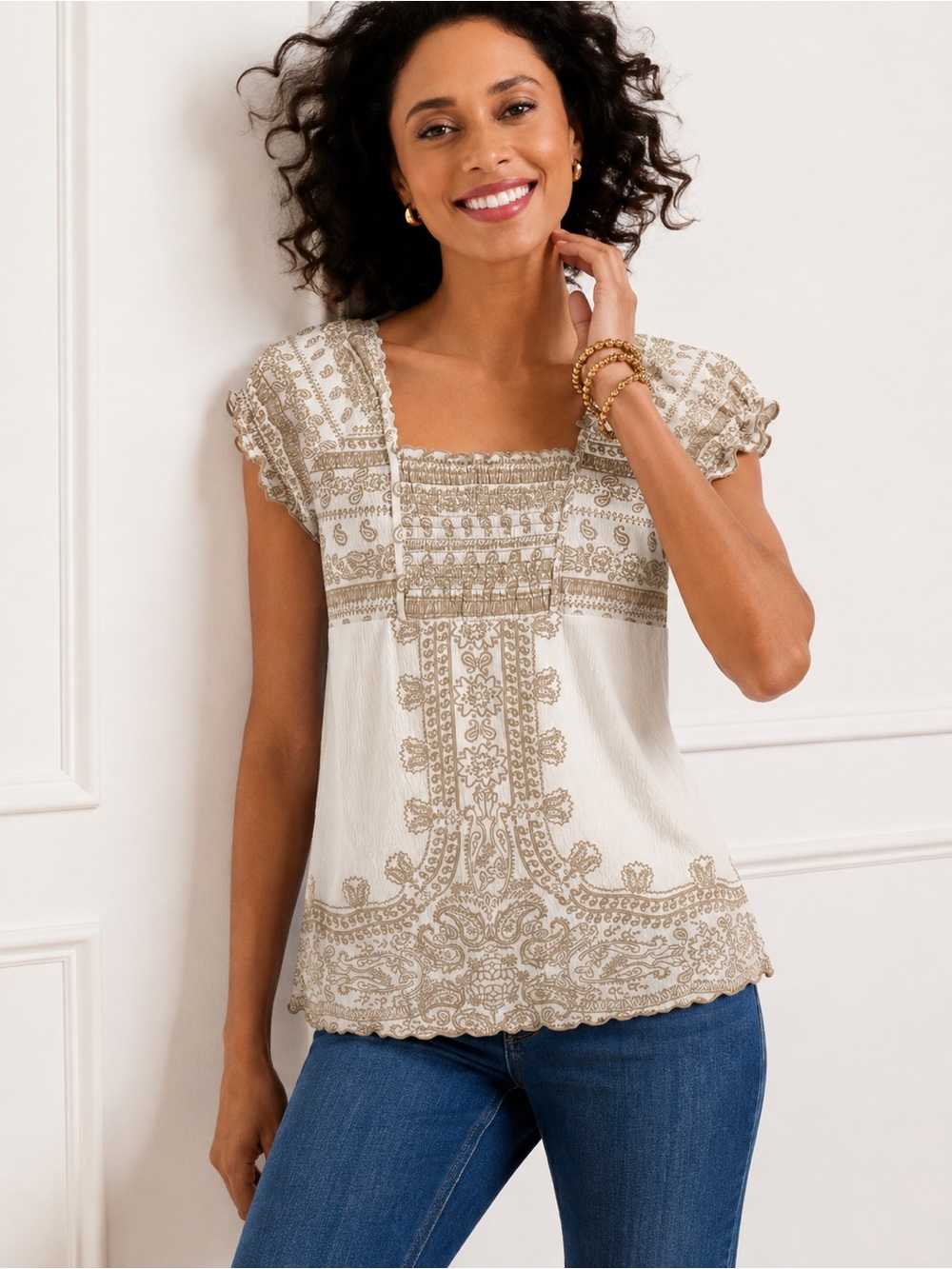 Almost Famous Women’s XL Ivory Beige Paisley Boho Smocked Short Sleeve Top